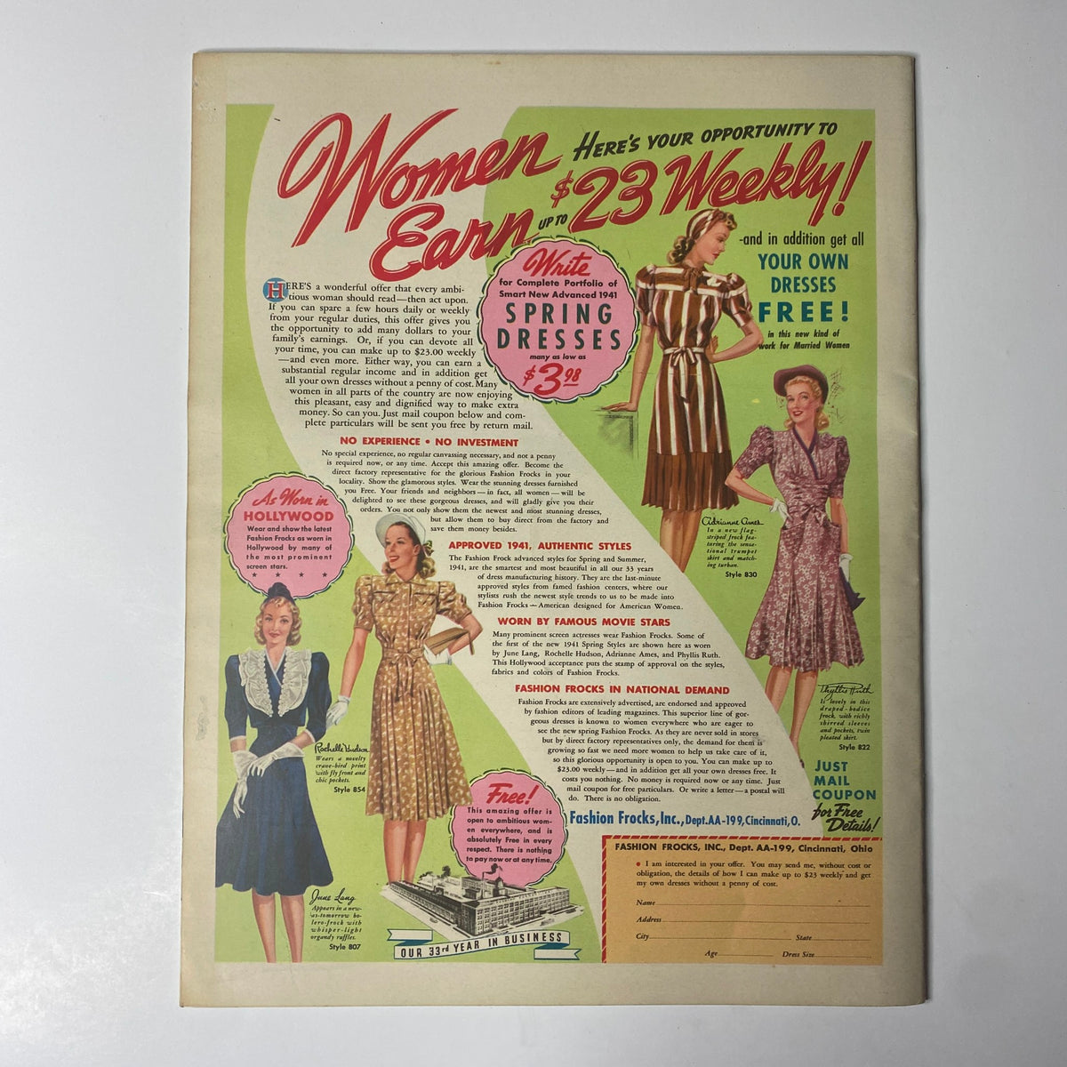 Vintage advertisement from Look Magazine December 31, 1940 promoting women's dress-making opportunities, featuring colorful fashion designs and testimonials.