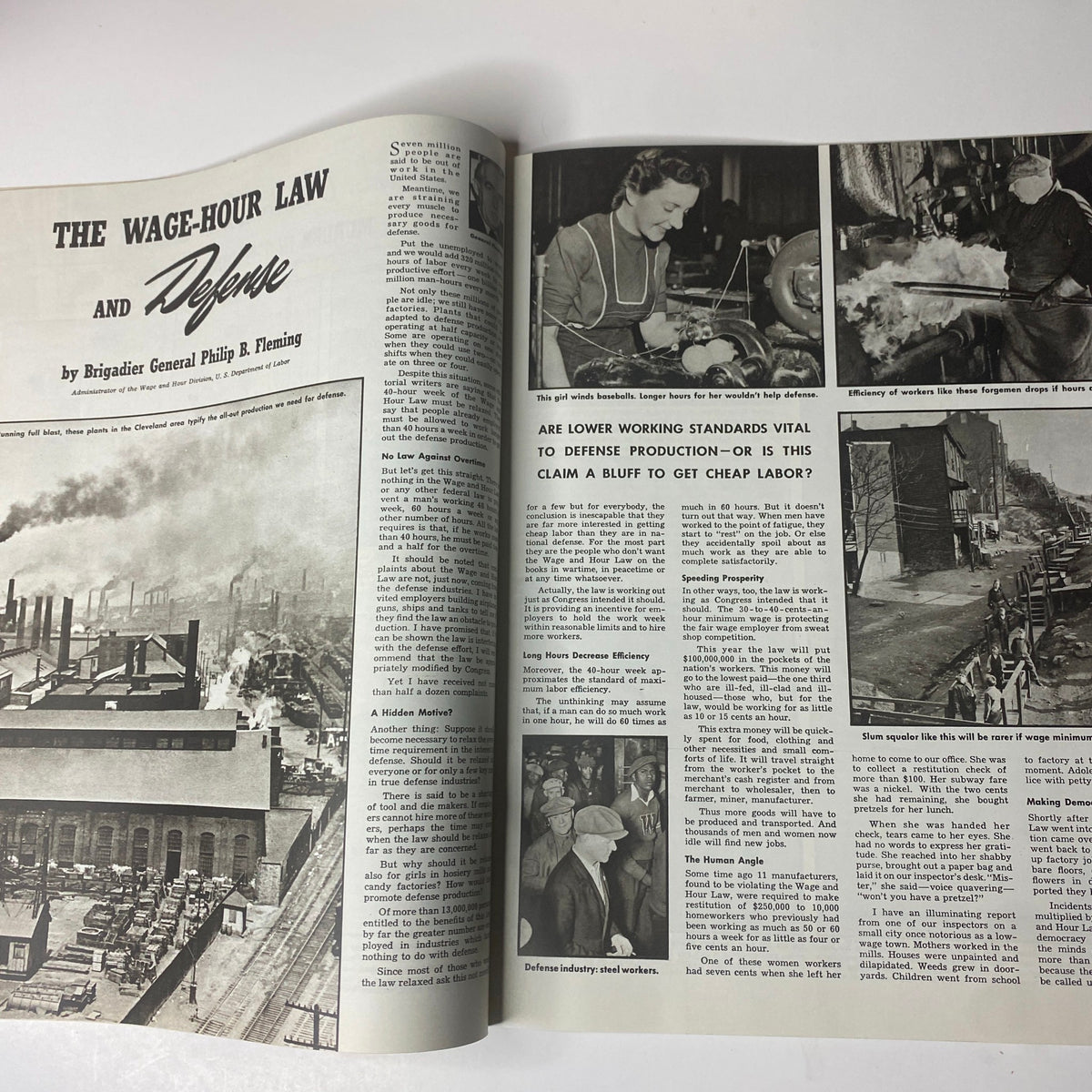 Spread from Look Magazine, May 20, 1941, discussing labor and production issues during wartime, featuring images of factories and workers, analyzing the impact of the wage-hour law.