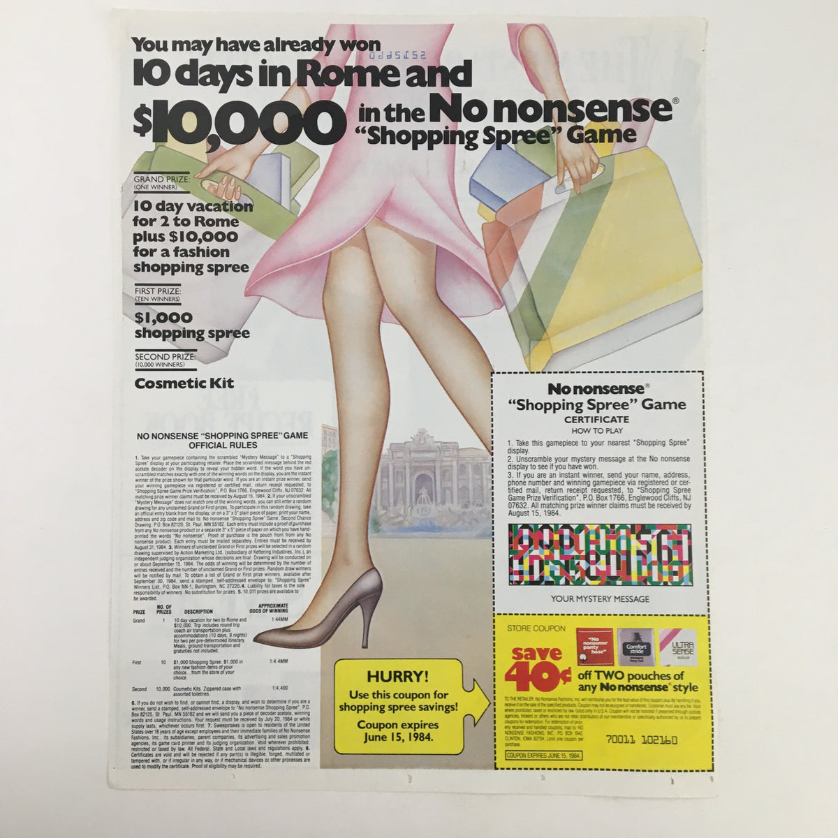 Promotional advertisement for a contest offering a vacation to Rome and a $10,000 shopping spree, highlighting a cosmetic kit and game certificate.