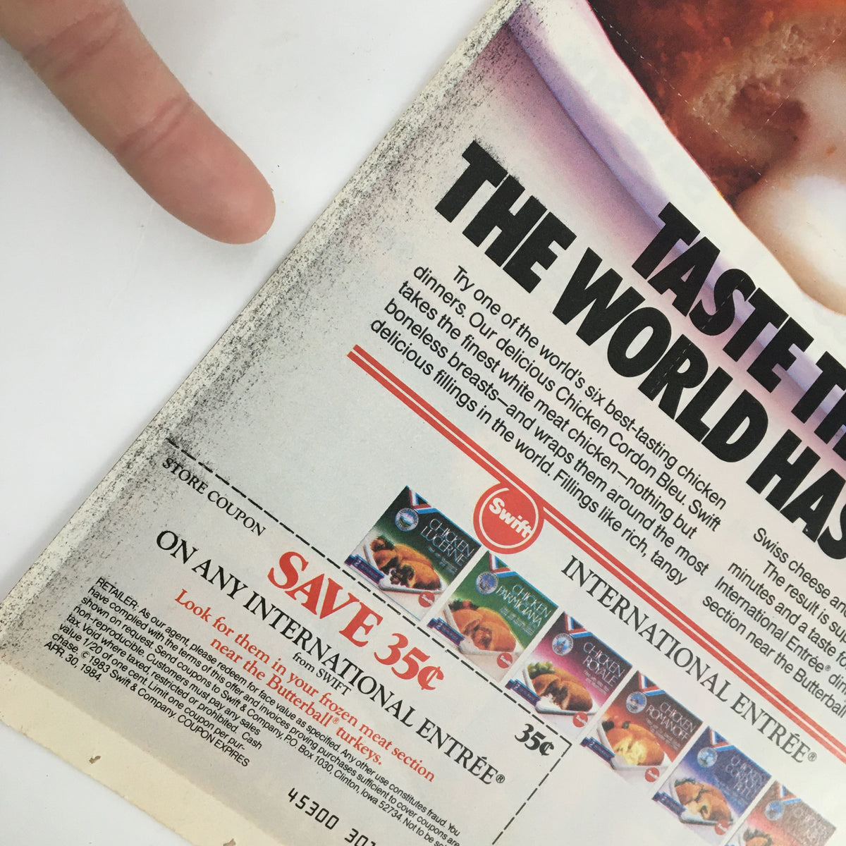 Close-up of 1984 Swift International Chicken Cordon Bleu Circular Coupon Advertisement showcasing a coupon for an international entrée and highlighting the delicious fillings.