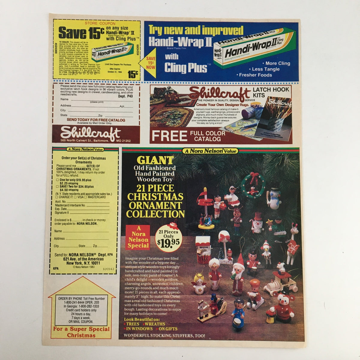 1983 promotional advertisement layout for various products including Handi-Wrap, showcasing a 21 Piece Christmas Ornament Collection by Nora Nelson with multiple offers and catalog details.