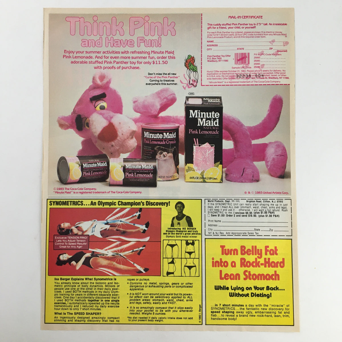 1983 The Mennen American Airlines Sweepstakes Circular Coupon Advertisement back, showcasing pink-themed promotional items and advertisements including Minute Maid Pink Lemonade and a plush Pink Panther toy.