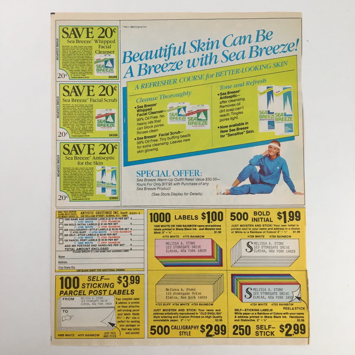 1983 Sea Breeze Product Advertisement showcasing various skin care products and a special offer, emphasizing savings and promotions for skin care essentials.