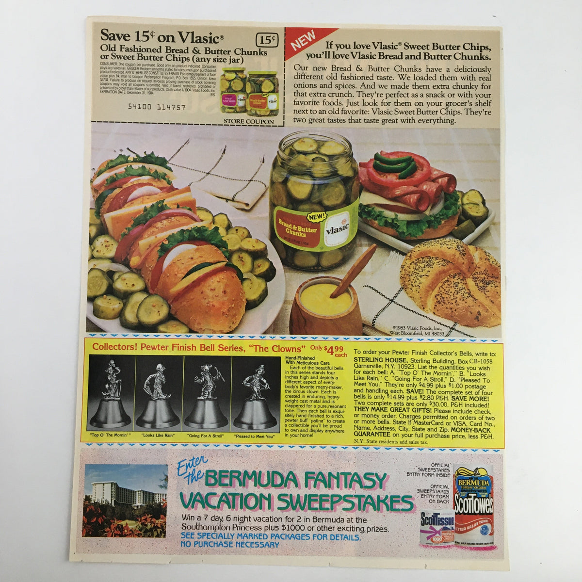 1984 Rich Roasted Taste Brim Decaffeinated Coffee Circular Coupon Advertisement showcasing various food items including bread, pickles, and chips, along with a coupon for savings on Vlasic products.