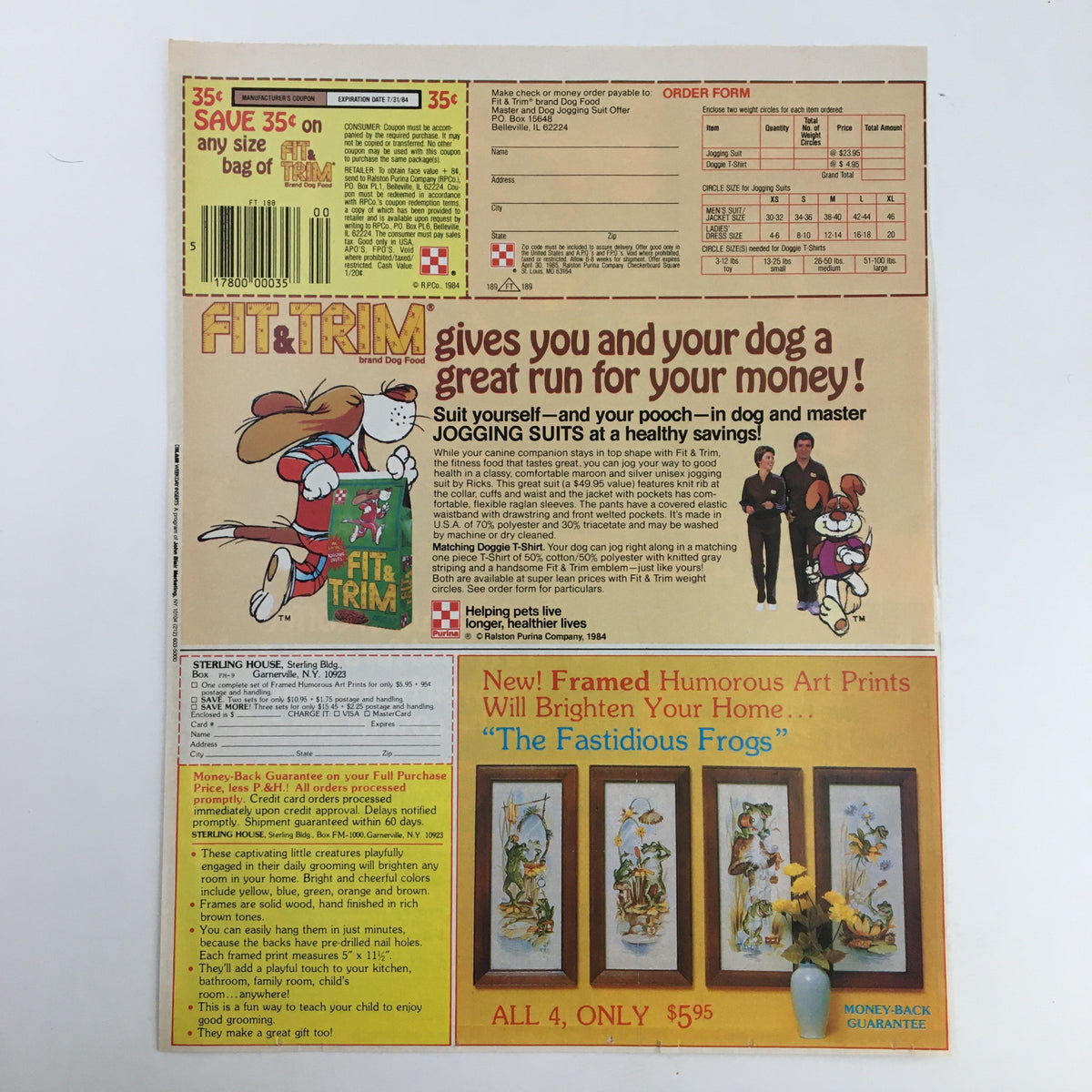 1984 Maxwell House Instant Coffee Circular Coupon Advertisement featuring a playful dog and the Fit & Trim dog jogging suits promo, offering a humorous and appealing design.
