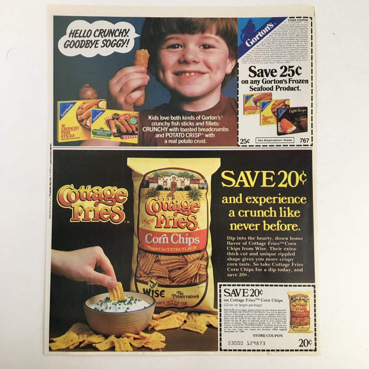 1984 Cottage Fries Corn Chips Circular Coupon Advertisement displaying a boy enjoying Gorton's Frozen Seafood Product along with a promotional coupon for Cottage Fries Corn Chips. The ad highlights a crunchy snack experience.