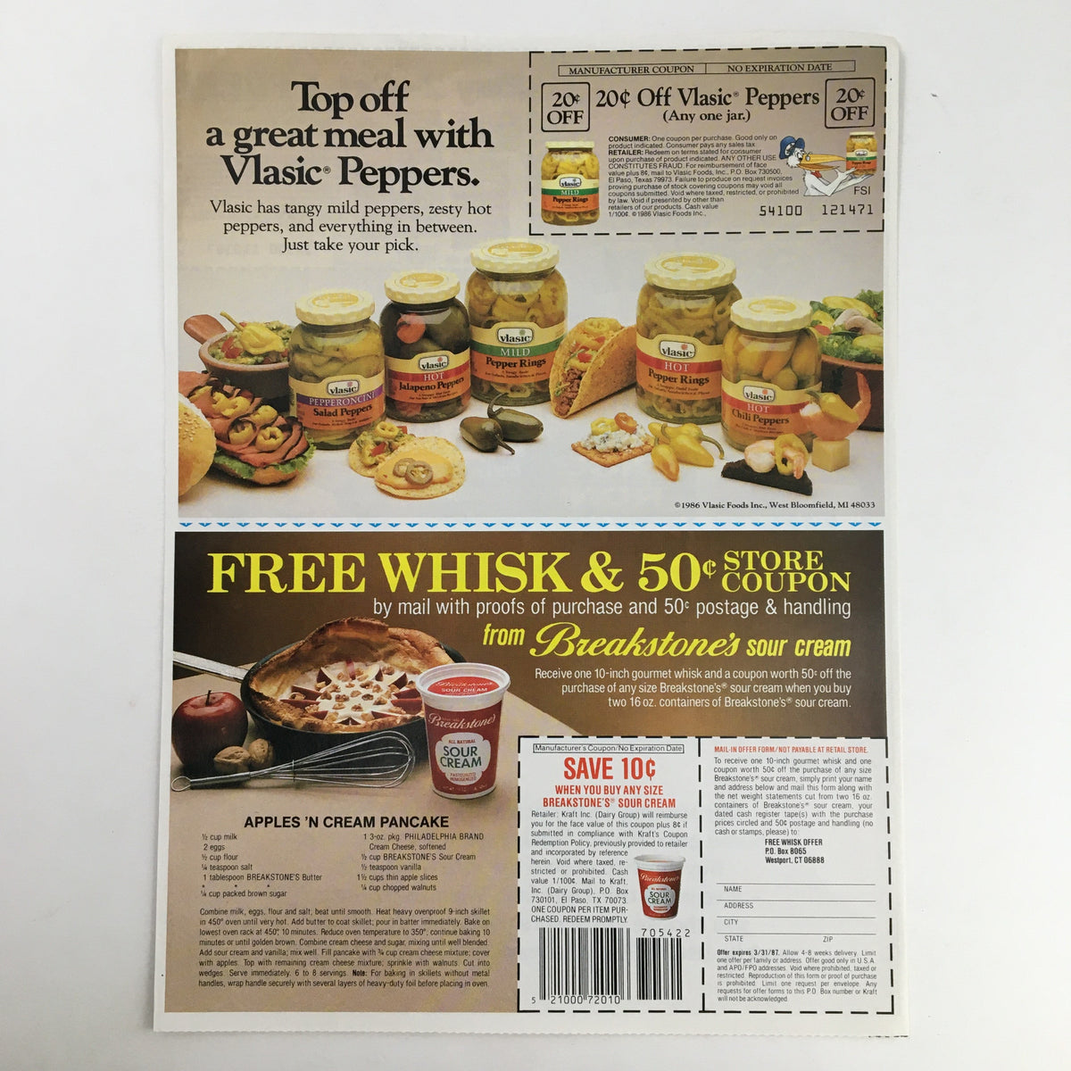 1986 advertising page featuring a coupon for Vlasic Peppers and a promotional offer for Whisk store coupons, highlighting various cooking products with an informative layout.