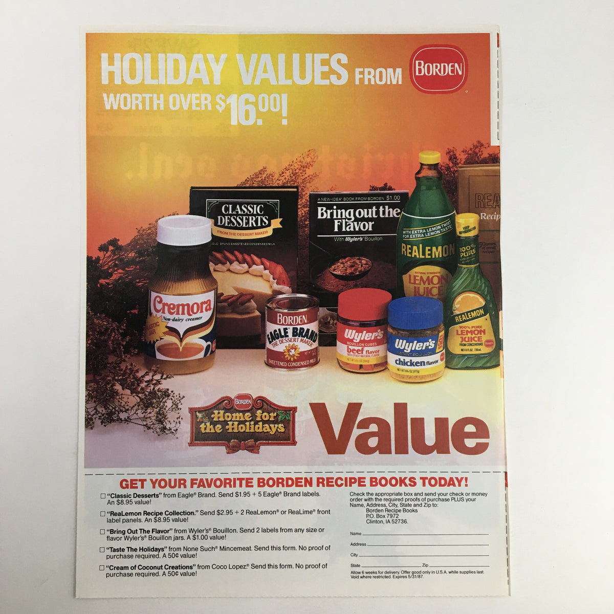 1986 Borden Holiday Values Advertisement highlighting various food products, emphasizing value for holiday cooking with a special focus on dessert ingredients and promotional offers.