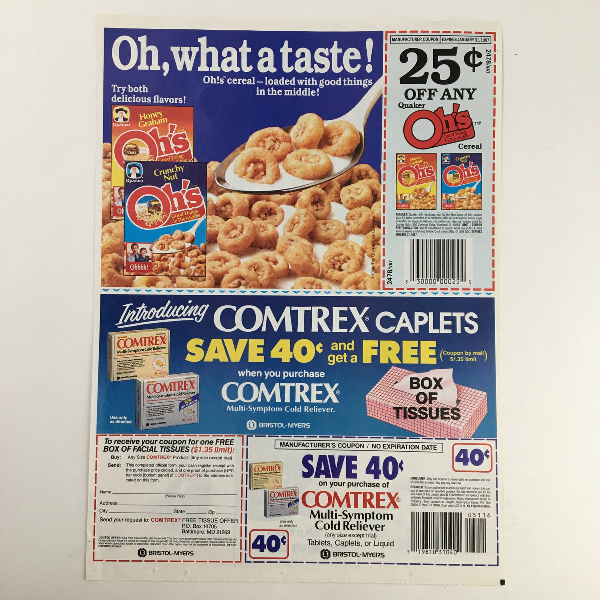 1986 Durkee Ripe and Spanish Olives Circular Coupon Advertisement featuring a colorful layout that includes products from Quaker Oats and offers, with a focus on coupons and discounts for consumer goods.