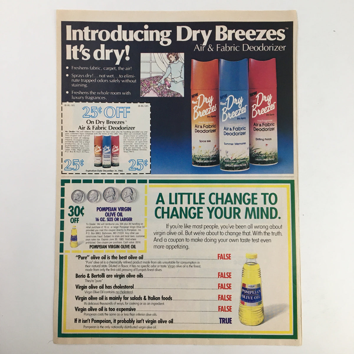 Introducing Dry Breezes Air & Fabric Deodorizer advertisement with a special 25 cents off coupon, showcasing the product range and emphasizing freshness.