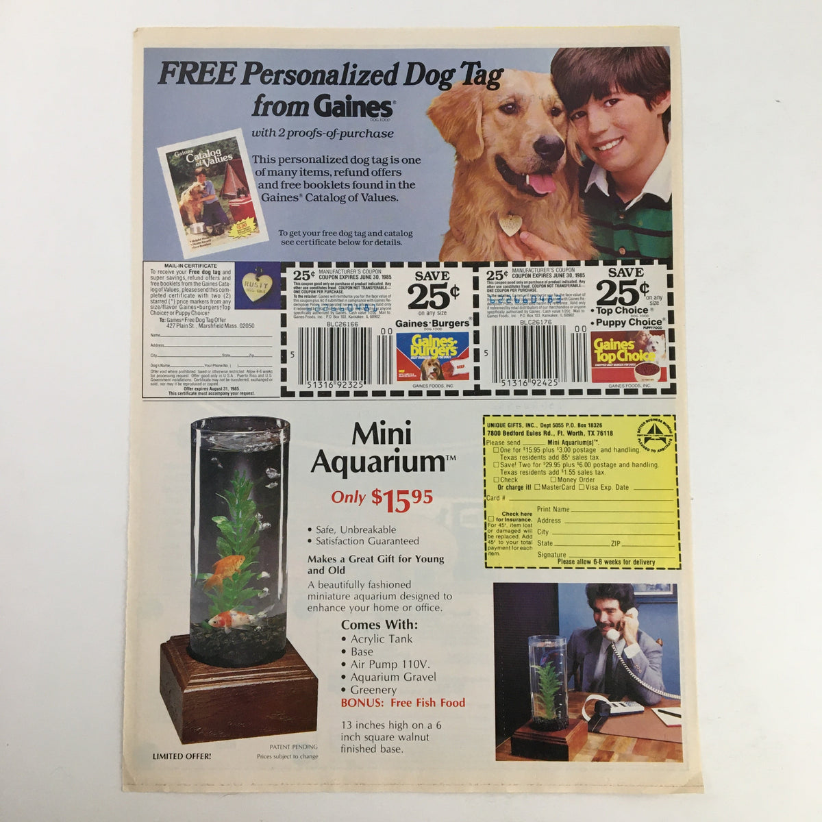Back of the 1986 Banquet Hot N' Spicy Fried Chicken Circular Coupon Advertisement showcasing free dog tag promotion and other offers.