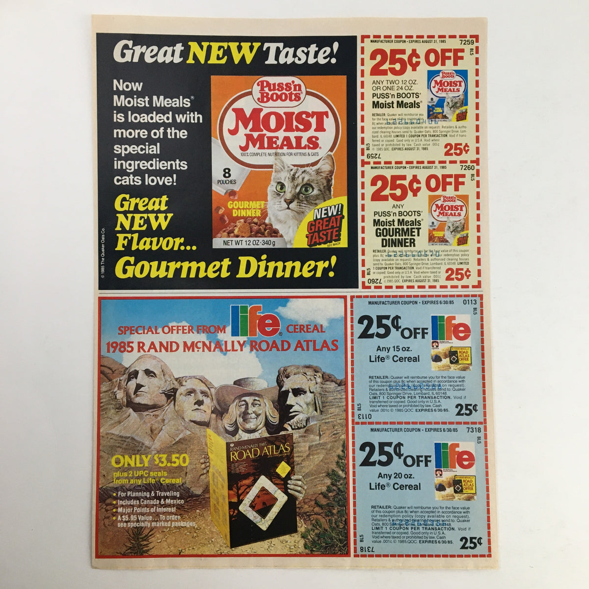 1985 advertisement for Puss 'n Boots Moist Meals and Life cereal with discount coupons and promotional information.