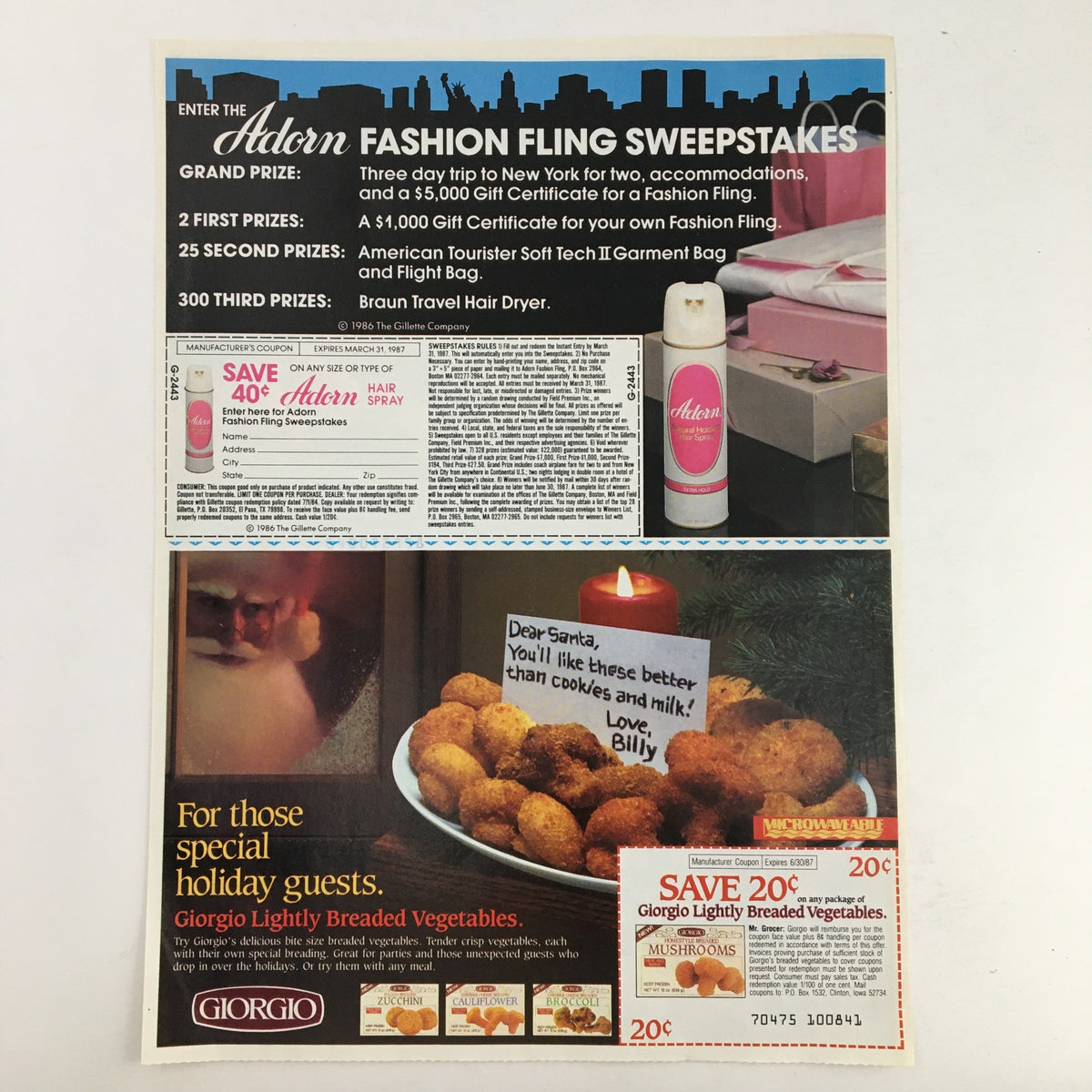 1987 Pillsbury Microwave Popcorn Butter Circular Coupon Advertisement, showcasing a product coupon and holiday-themed sweepstakes advertisement. Original print ad for promotional offers.