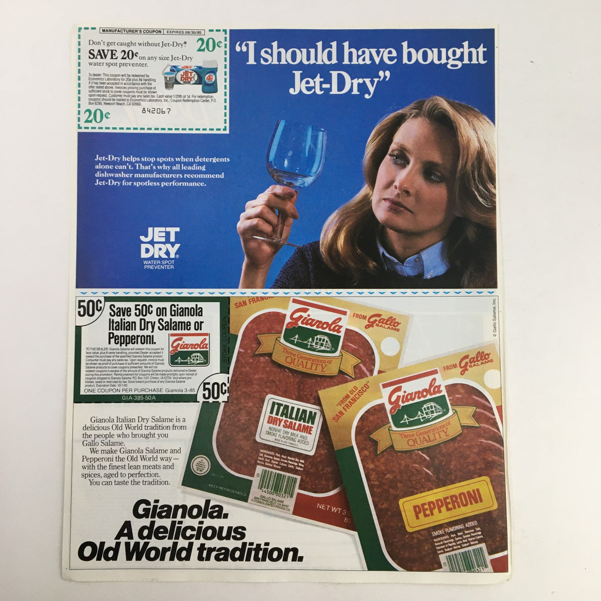 1985 Spearmint Velamints Gum Sweepstakes Circular Coupon Advertisement featuring a woman holding a glass and various food items, highlighting promotional offers for Jet-Dry and Gianola Italian Dry Salame.