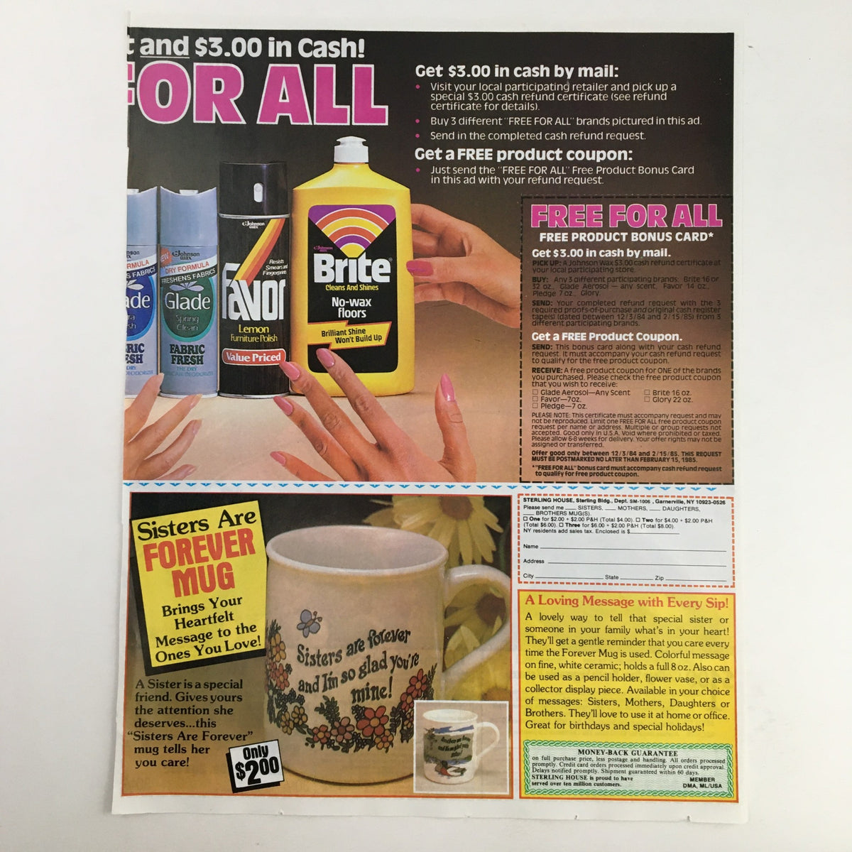 1986 promotional advertisement featuring various household products including a mug that says 'Sisters Are Forever,' highlighting a $3.00 cash back offer and a free product bonus card.