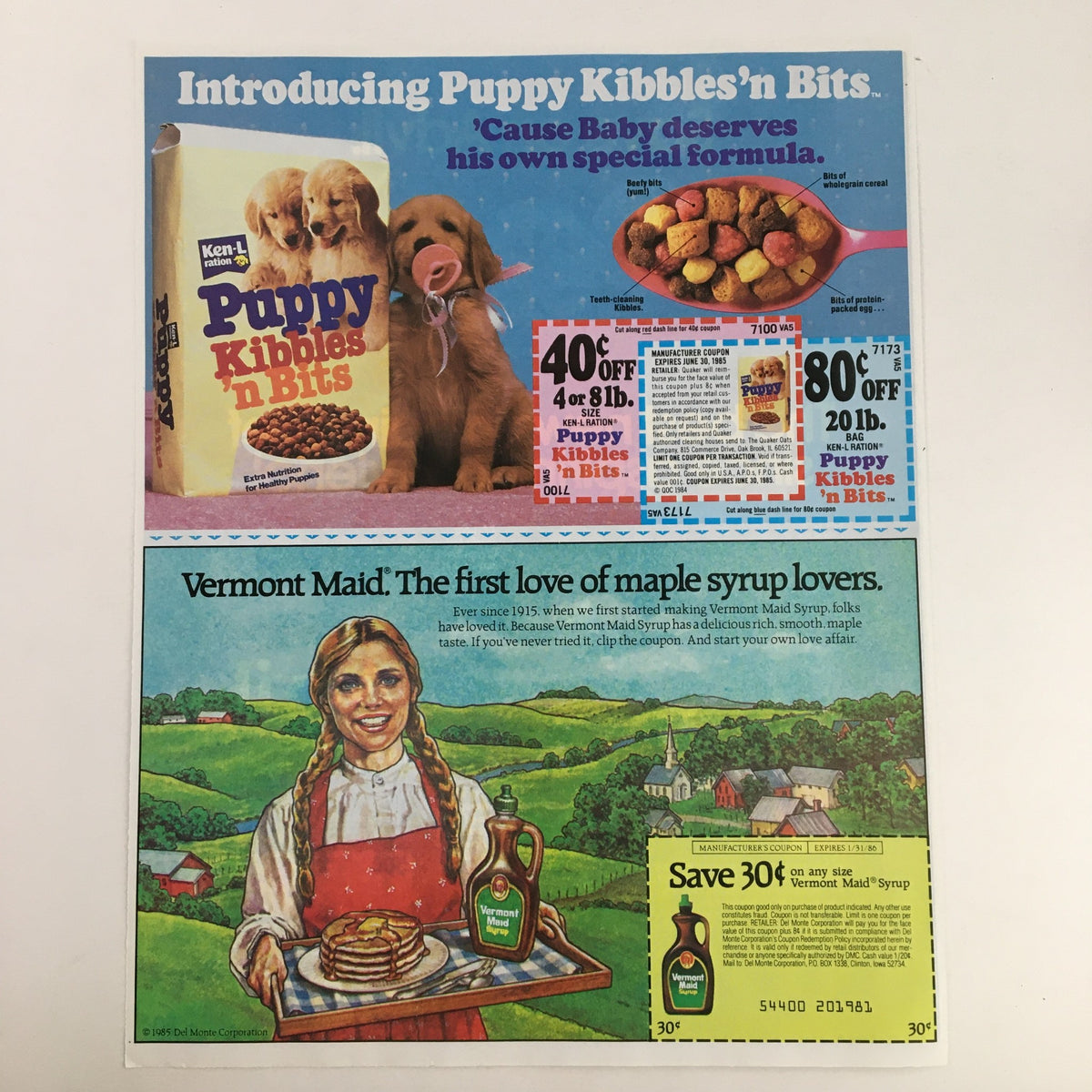 1985 Advil Ibuprofen Advance Medicine Circular Coupon Advertisement displaying a vibrant ad for Puppy Kibbles'n Bits dog food and Vermont Maid maple syrup, highlighting promotional discounts and family-friendly products.