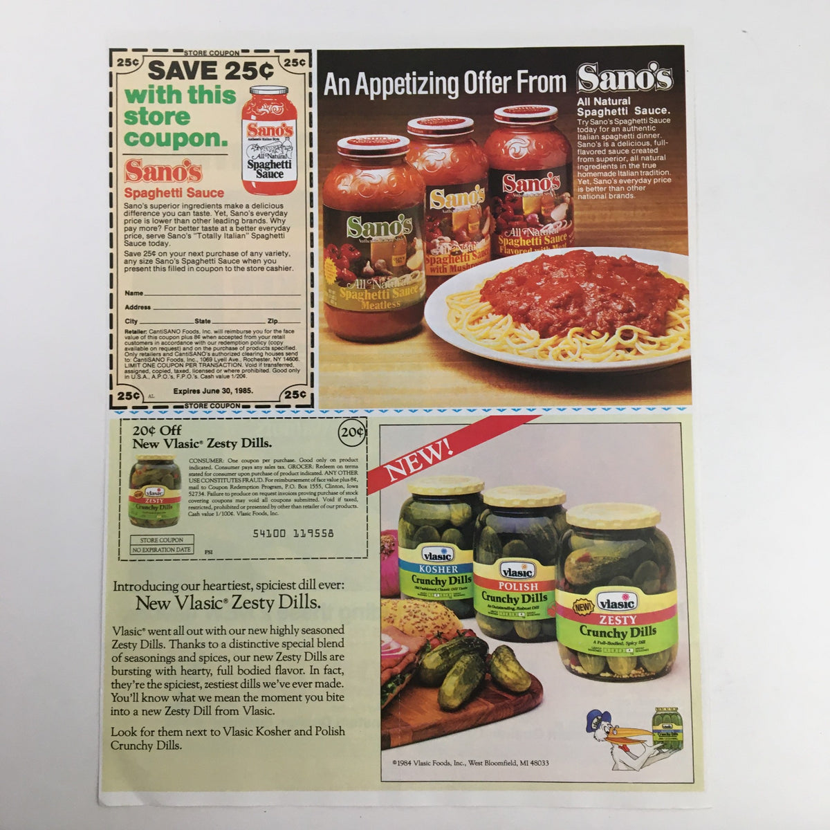 1985 Quaker Instant Oatmeal Circular Coupon Advertisement featuring food coupons including Sano's Spaghetti Sauce and Vlasic Zesty Dills, in good condition with expired coupons displayed.