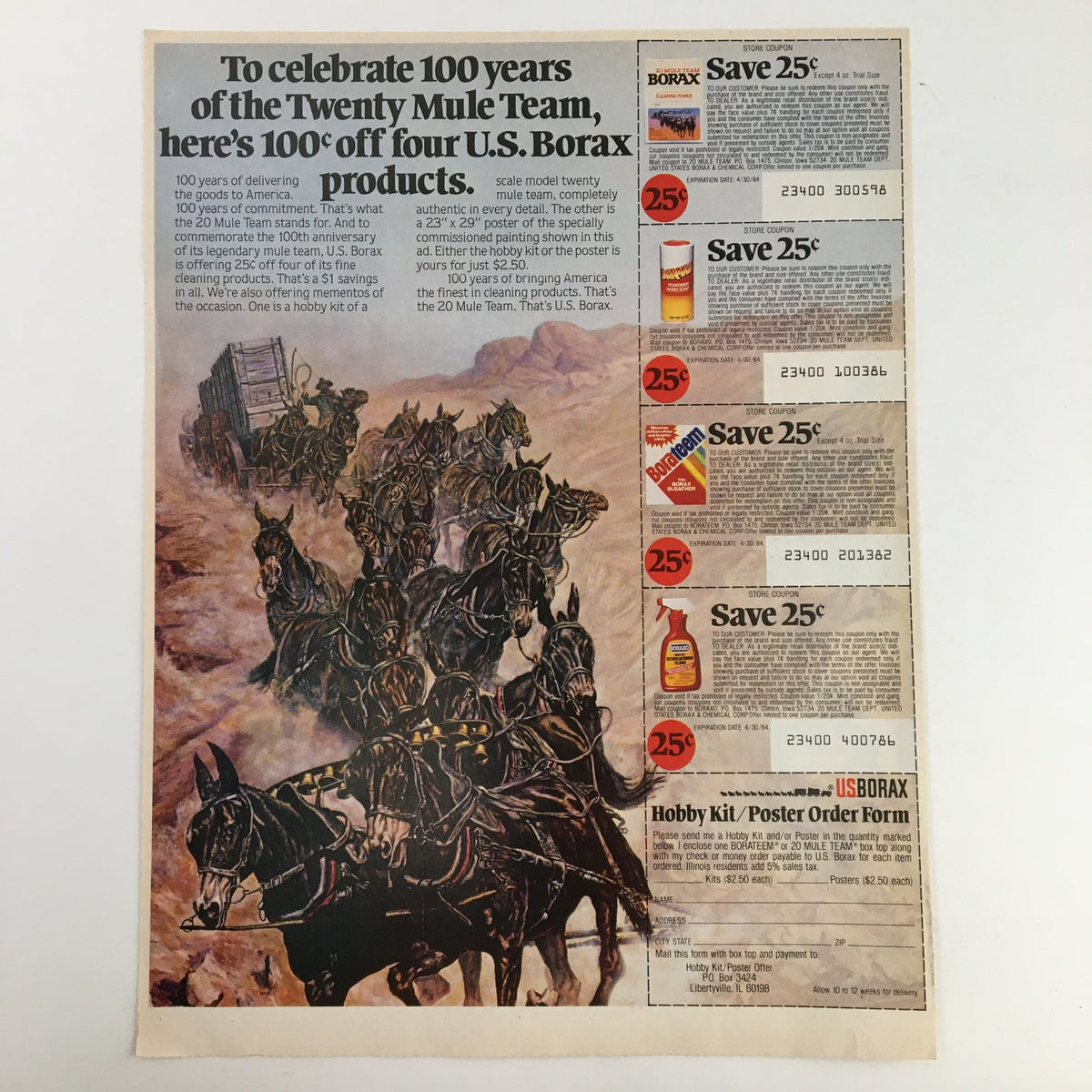 Advertisement celebrating 100 years of the Twenty Mule Team with a promotion for U.S. Borax products. The image includes illustrations of horses and a promotional coupon showcasing savings on Borax items.