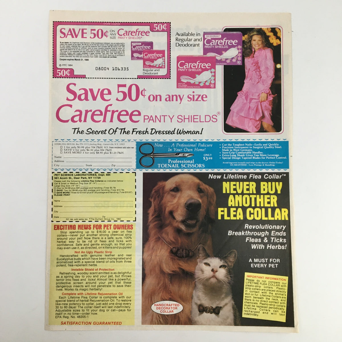1984 advertisement featuring Carefree Panty Shields, highlighting a savings coupon, with promotional imagery of a stylish woman and pets.