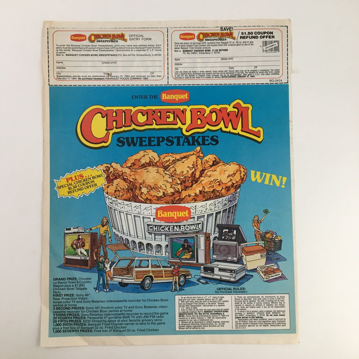 1983 Chicken Bowl Sweepstakes advertisement featuring a colorful layout for the Banquet Chicken Bowl contest, unrelated to Sara Lee desserts.