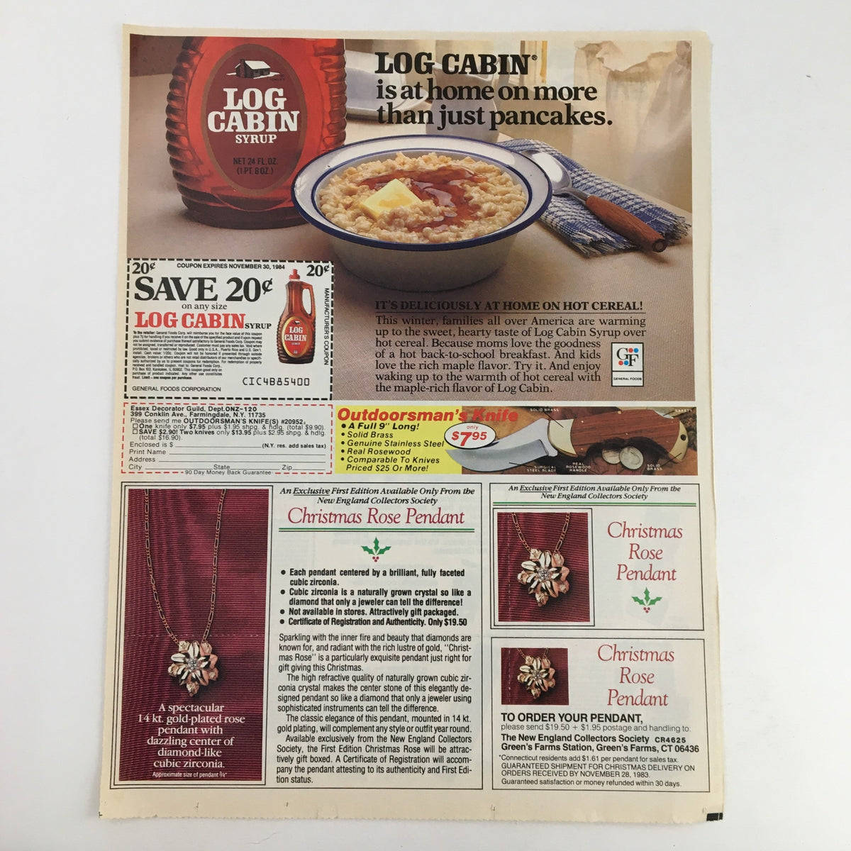 1984 Log Cabin Syrup advertisement showcasing a bowl of oatmeal and promotional offers, including a 20 cent savings on Log Cabin syrup products.