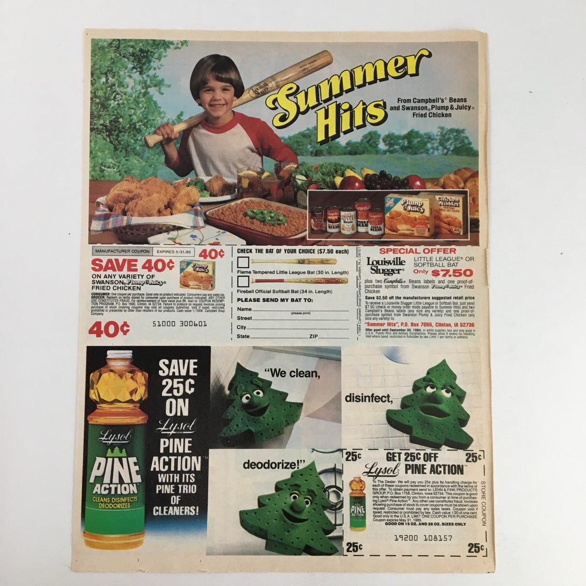 1984 Quaker Life Cereal Circular Coupon Advertisement featuring a child with a baseball bat in a kitchen setting, promoting summer food savings with coupons for various products including Pine Action and cleaning items, measuring 11 1/4 x 8 3/4.