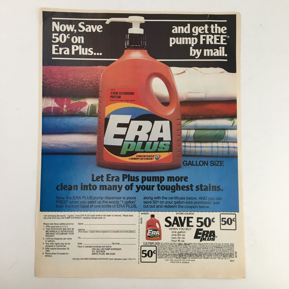 1984 Winter Olympics Sweepstakes Coupon Advertisement for ERA Plus, showcasing a large detergent container with a promotional discount offer on cleaning products.