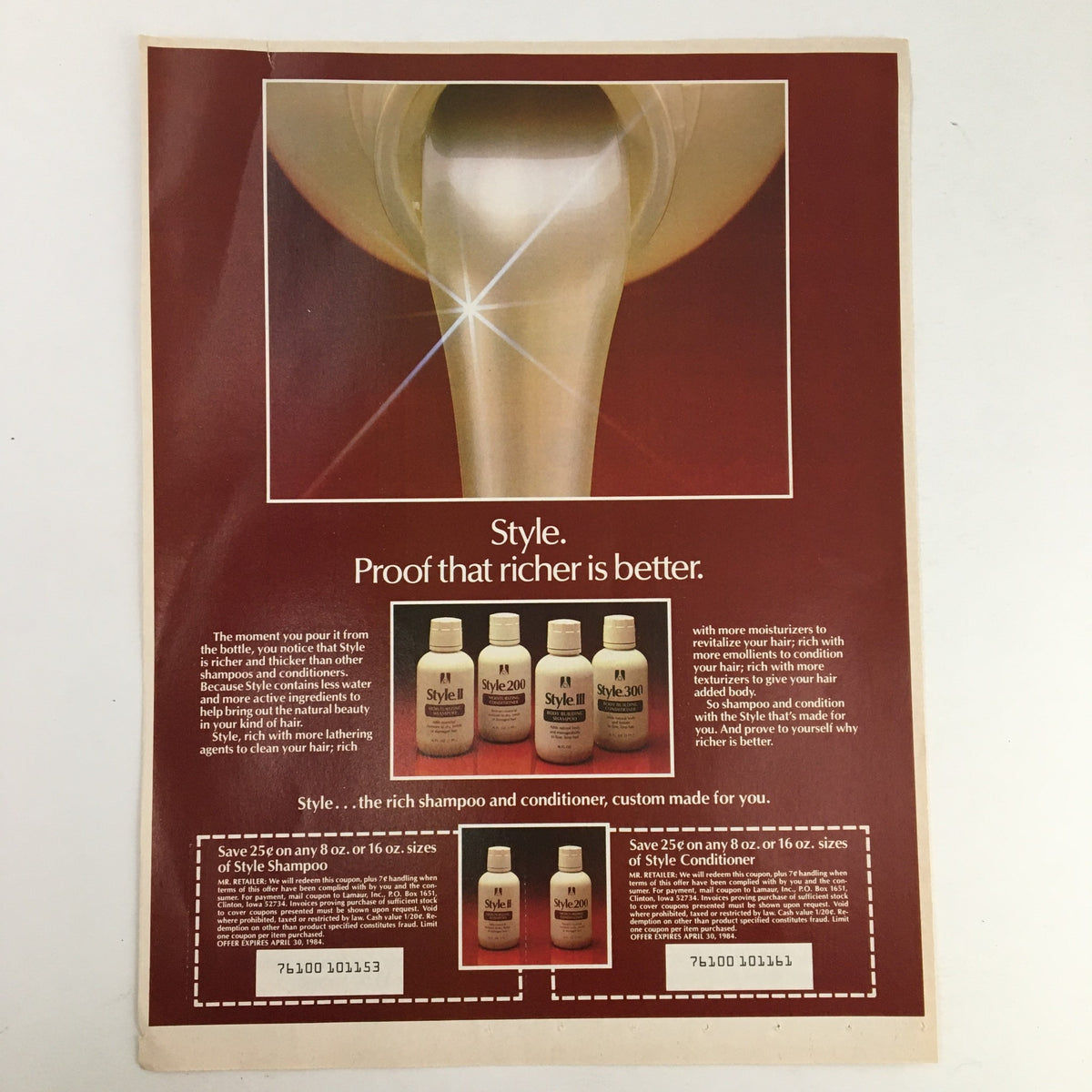 Style shampoo and conditioner advertisement featuring product bottles with a focus on the tagline 'Proof that richer is better'.