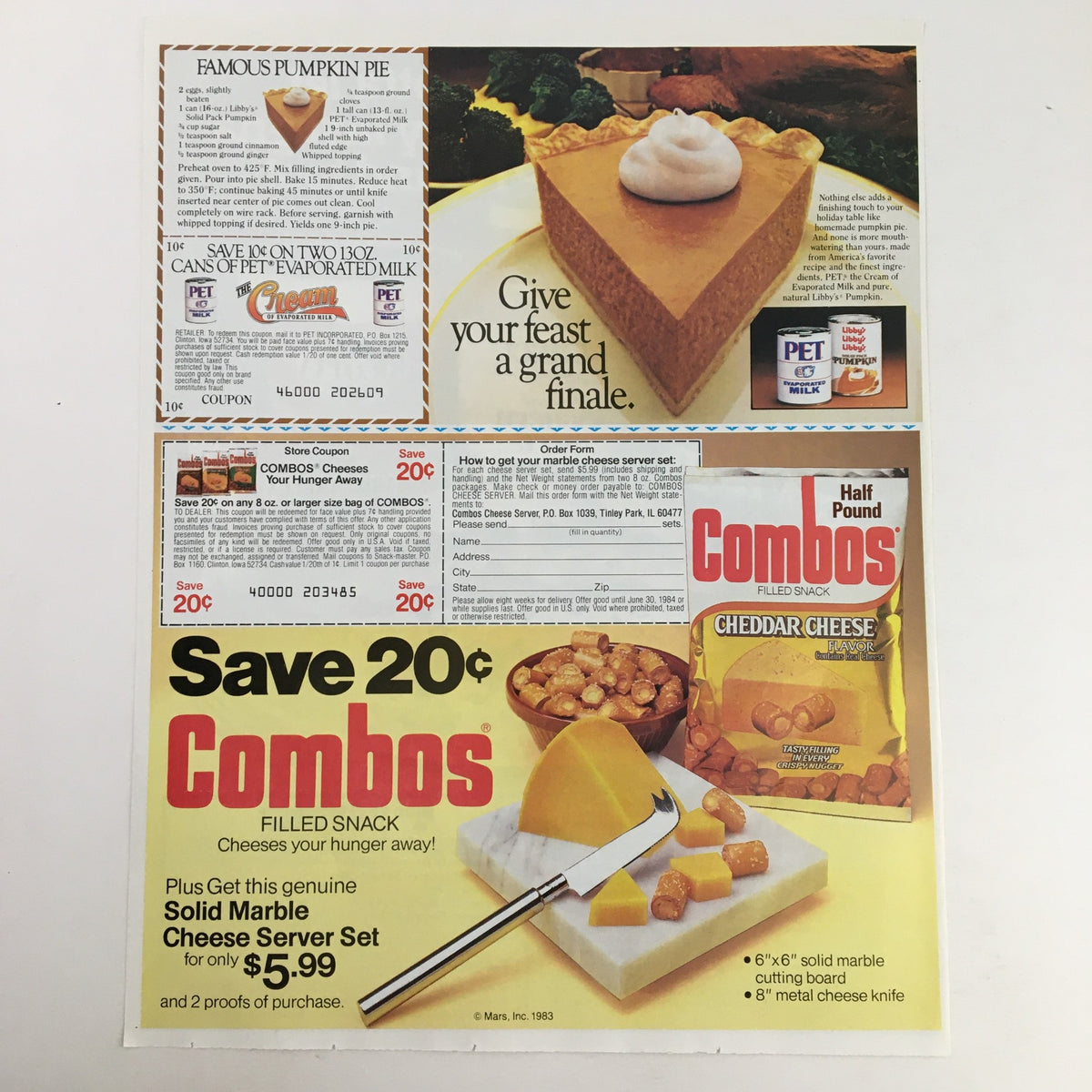 1984 advertisement showcasing a Famous Pumpkin Pie and Combos snack coupon, with savings offers and product images, part of the 1984 Prince All Natural Spaghetti Sauce Circular Coupon Advertisement.