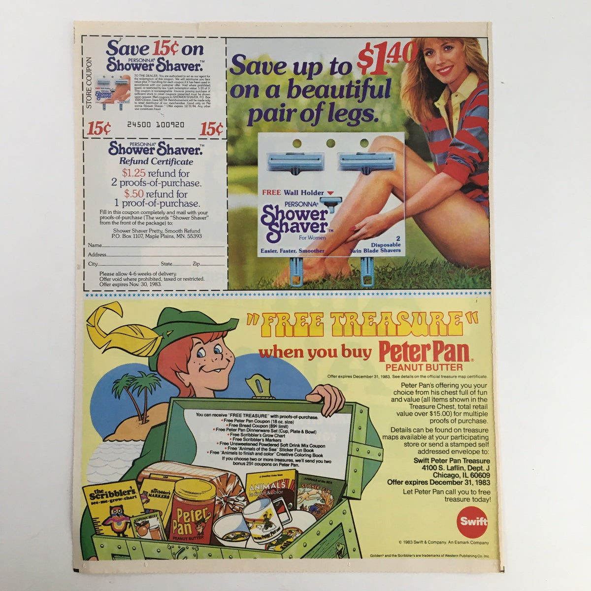 1983 advertisement showcasing a Shower Shaver offering savings up to $1.40, featuring a model and a coupon for $0.15 off on the product, along with a promotional offer for Peter Pan Peanut Butter.