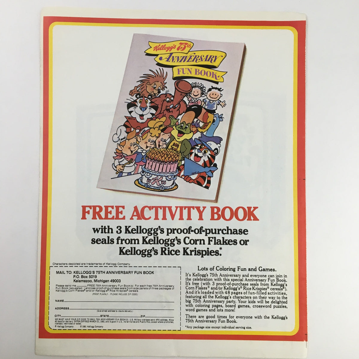 1984 Kellogg's Cereals Sweepstakes Circular Coupon Advertisement featuring the back side containing details about a free activity book offer along with proof-of-purchase seals from Kellogg's Corn Flakes or Rice Krispies, celebrating the 75th anniversary.