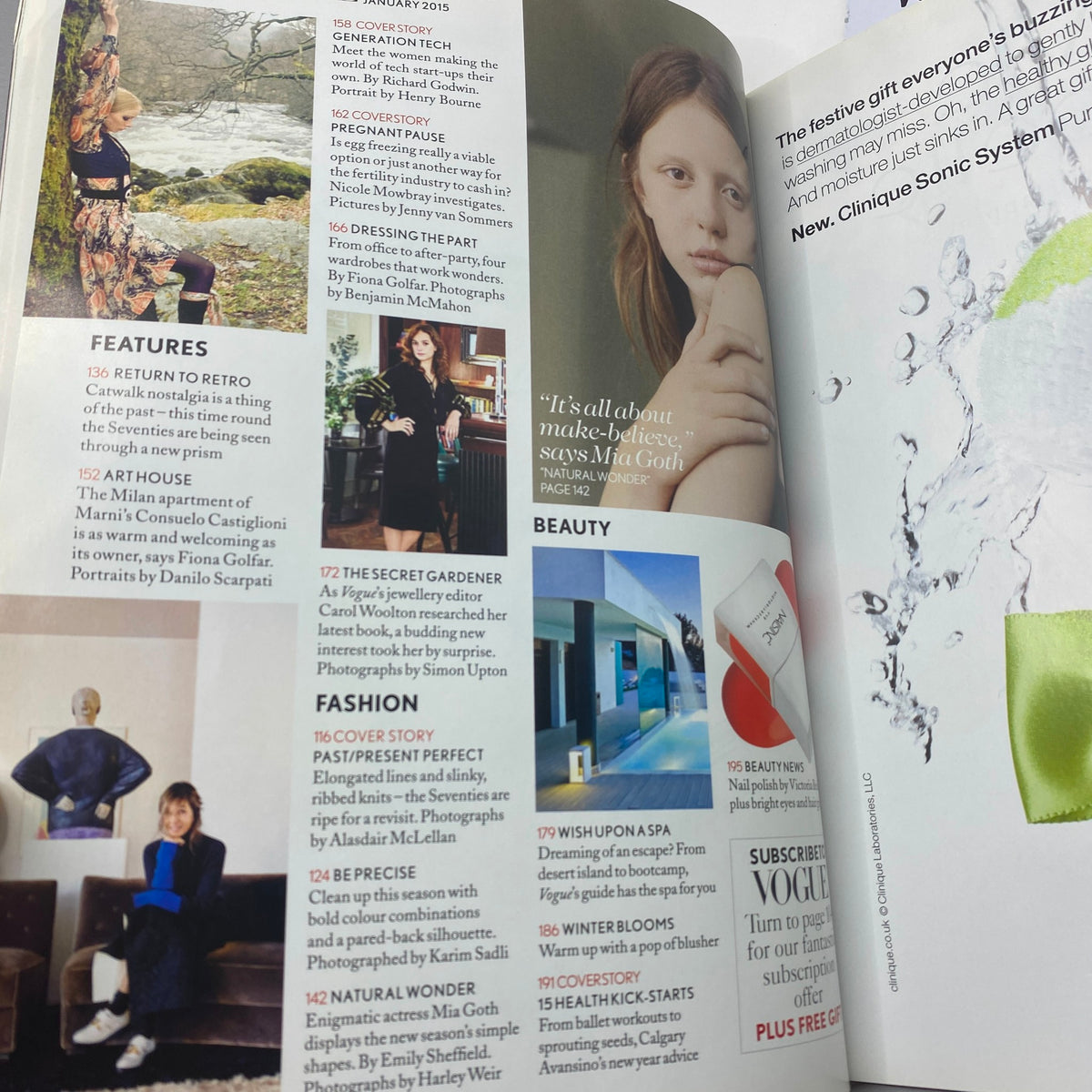 Interior page of British Vogue Magazine January 2015 displaying features and beauty sections, encapsulating the magazine's focus on fashion trends.