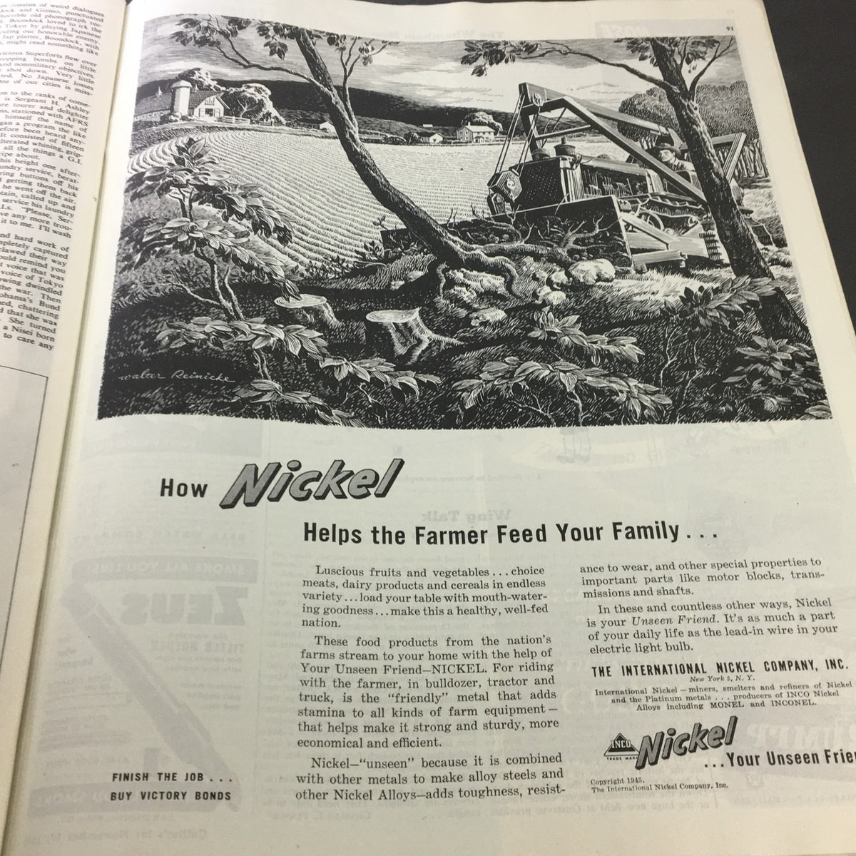 VTG Collier's Magazine November 17, 1945 - Vintage advertisement explaining how Nickel helps farmers with equipment efficiency.