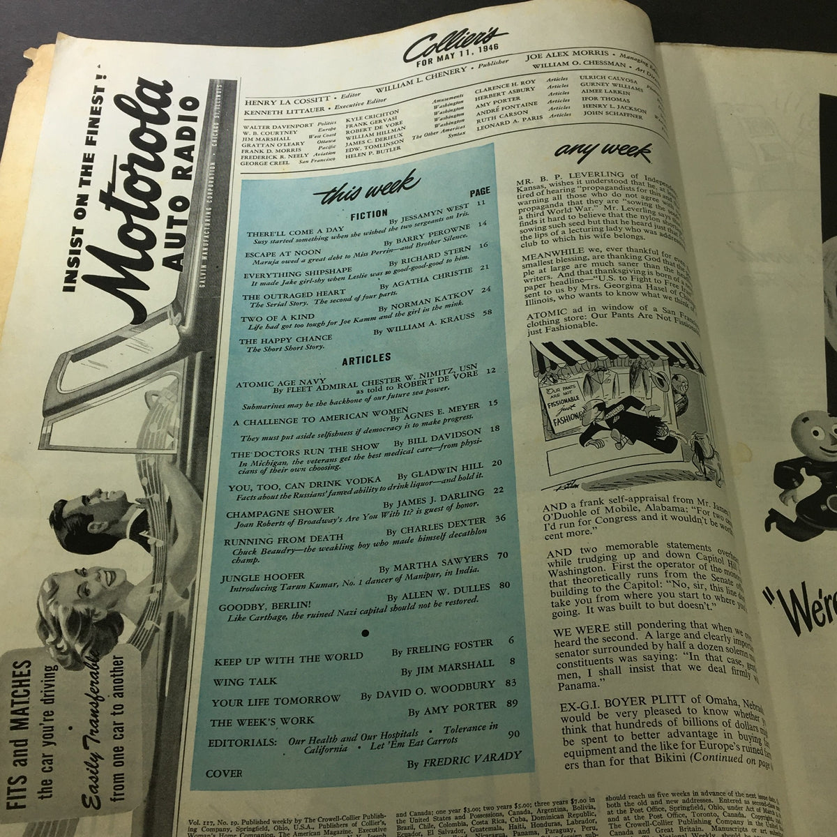 Inside page of VTG Collier's Magazine from May 11, 1946 listing articles and advertisements including 'A Challenge to American Women' by Agnes Meyer.