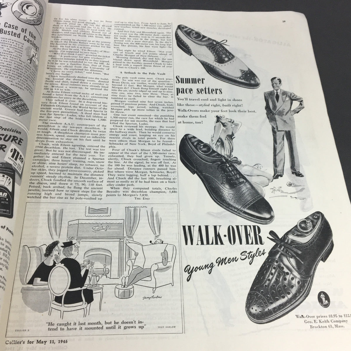 Interior page from Collier's Magazine May 11 1946 featuring an advertisement for Walk-Over shoes and a humorous illustration, reflecting mid-20th century American culture.