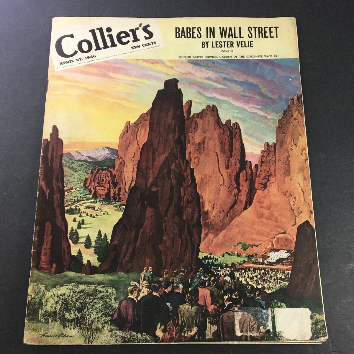 Cover of VTG Collier's Magazine April 27 1946 featuring the article 'Babes in Wall Street' by Lester Velie, with a vibrant illustration of a landscape and gathering crowd.
