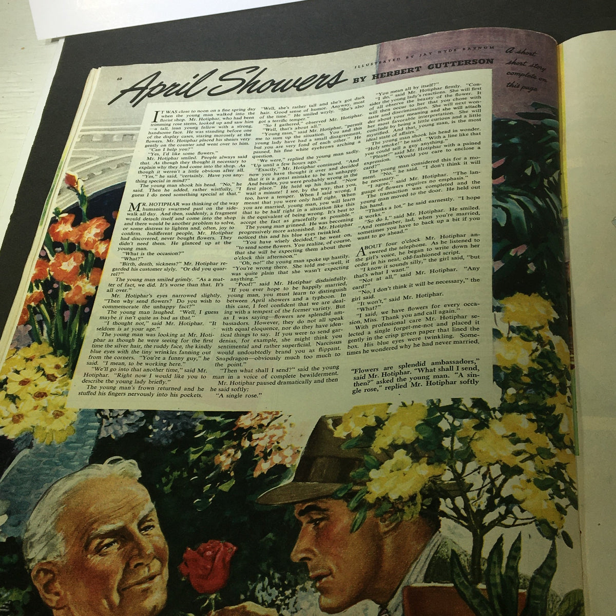Illustration accompanying the story 'April Showers' by Herbert Gutterson, featuring two men discussing flowers amidst colorful decorations, from the April 27, 1946 Collier's Magazine.