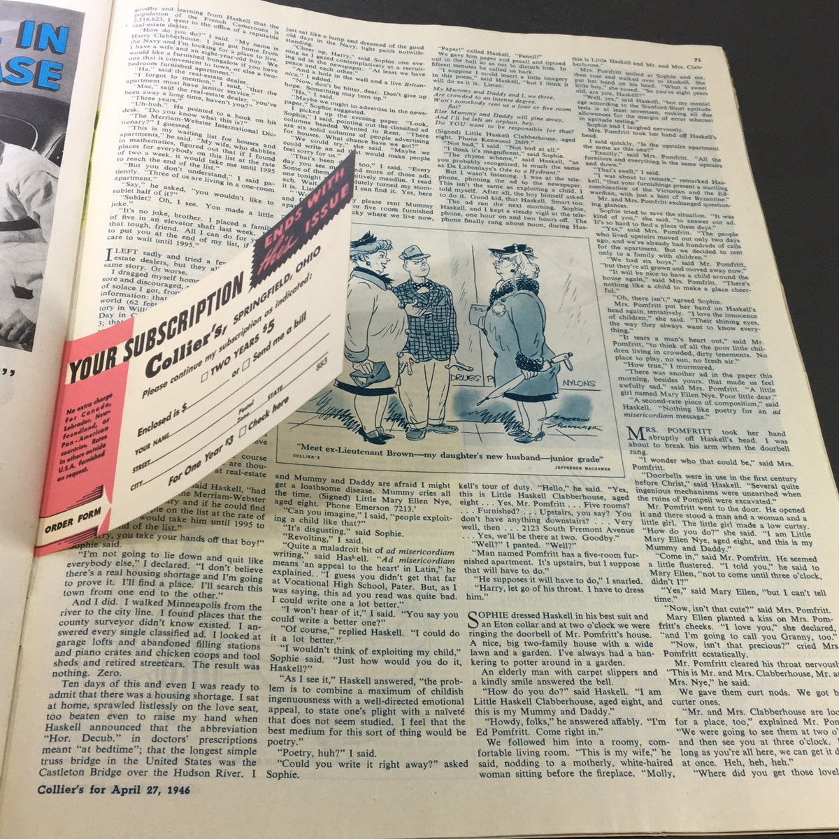 Page from the April 27, 1946 edition of Collier's Magazine with a subscription card and humorous illustration featuring characters in a conversation.