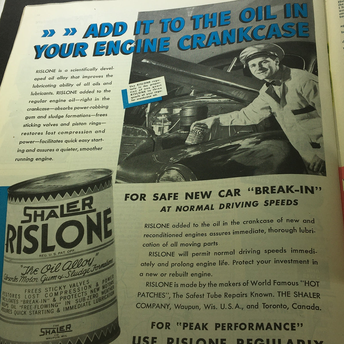 Vintage advertisement for Rislone engine oil featured in VTG Collier's Magazine April 27 1946, emphasizing its benefits for engine performance and maintenance.
