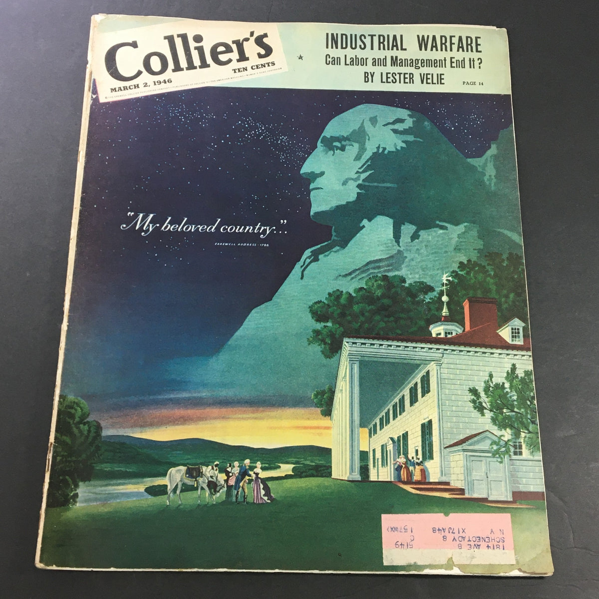 Cover of VTG Collier's Magazine dated March 2, 1946 featuring artwork related to 'Industrial Warfare' by Lester Velie, showcasing a scenic image with a quote 'My beloved country'.