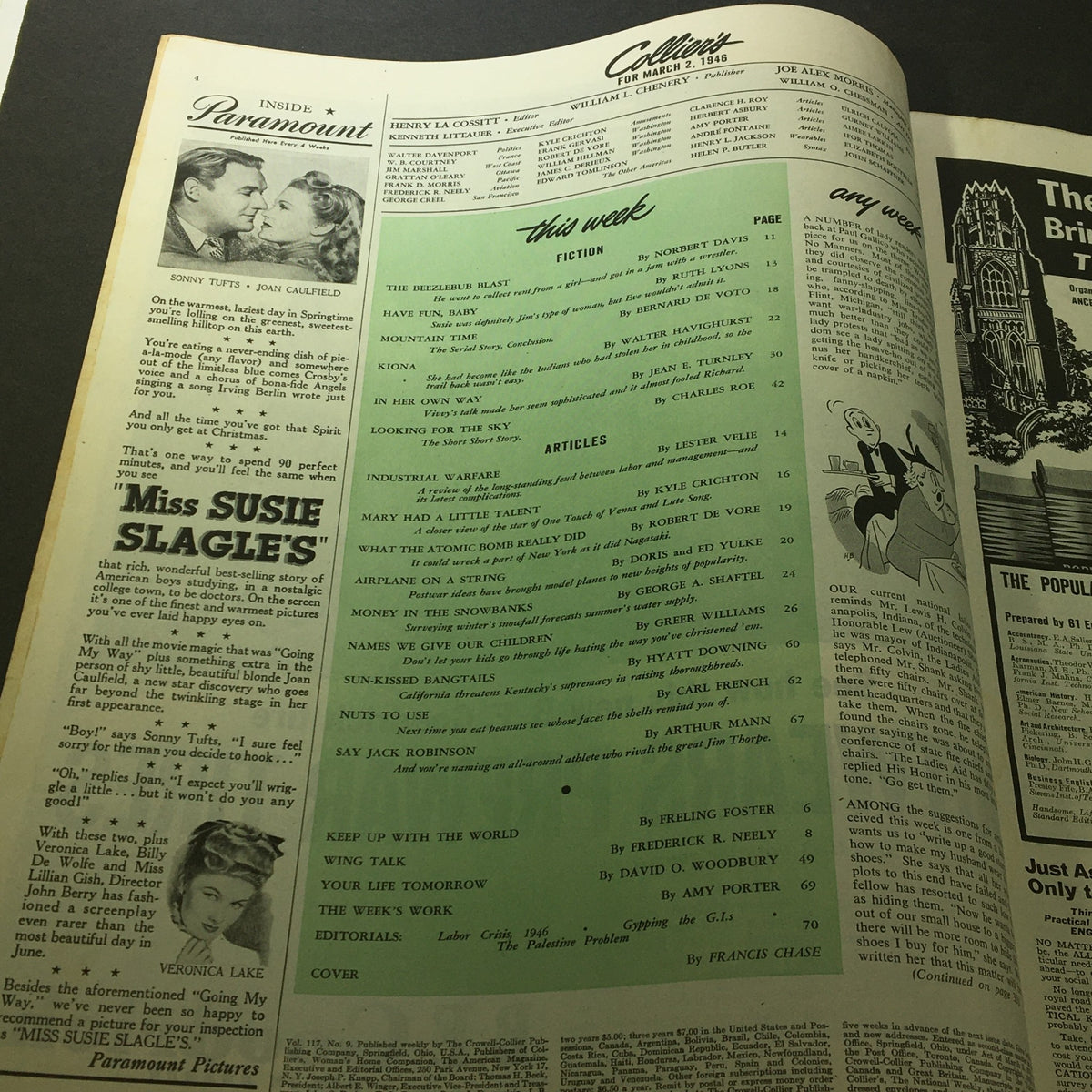 Interior page of the VTG Collier's Magazine dated March 2, 1946, showcasing the contents list including the featured article 'Industrial Warfare' by Lester Velie.