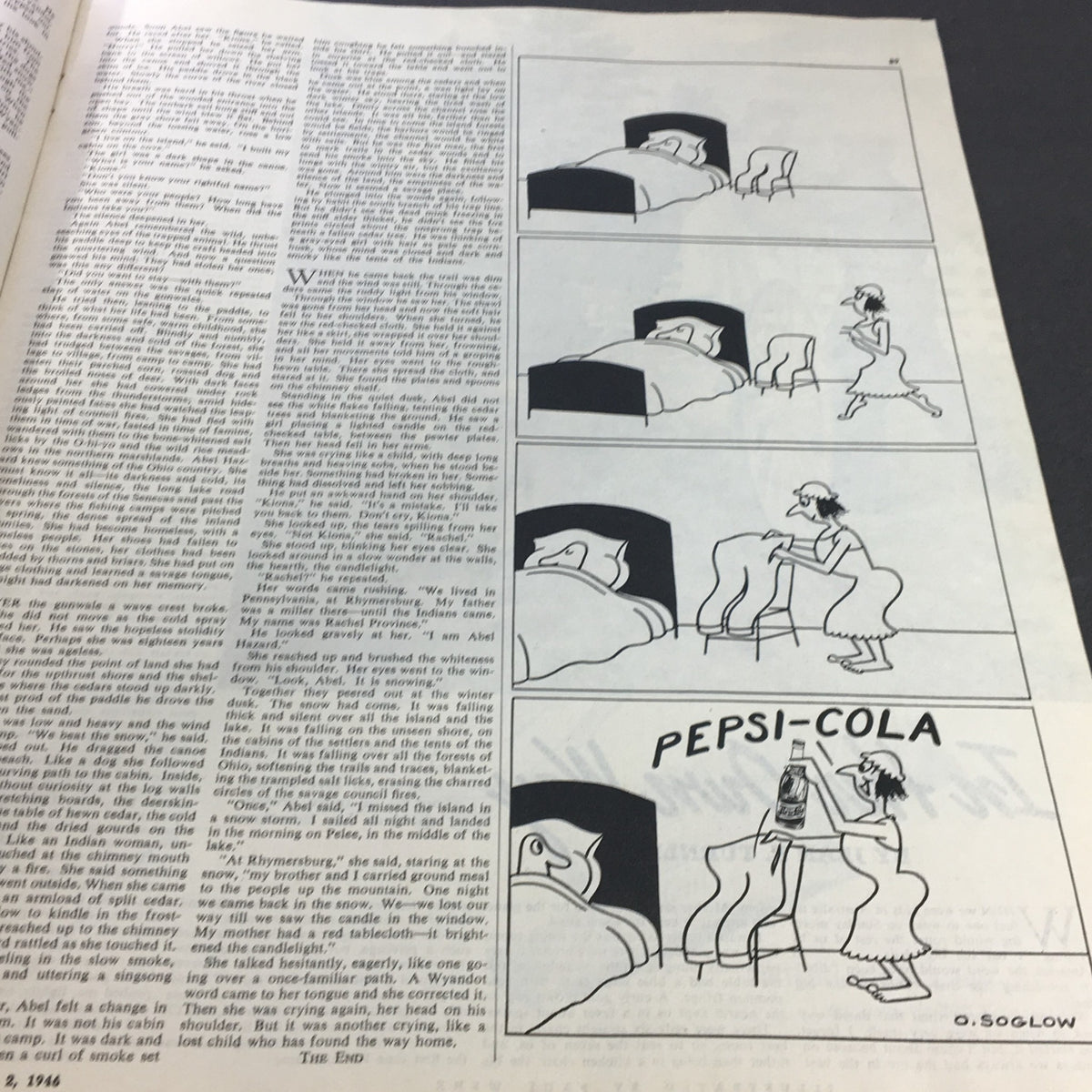 Illustration from Collier's Magazine March 2, 1946, depicting a humorous comic strip with a woman and a Pepsi-Cola bottle, reflecting the lighthearted advertising style of the era.