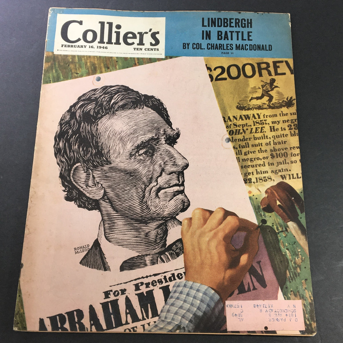 Cover of VTG Collier's Magazine February 16, 1946 featuring a prominent illustration of Abraham Lincoln with a caption to "Vote Abraham Lincoln for President." This vintage magazine is a historical artifact appealing to collectors and history enthusiasts.