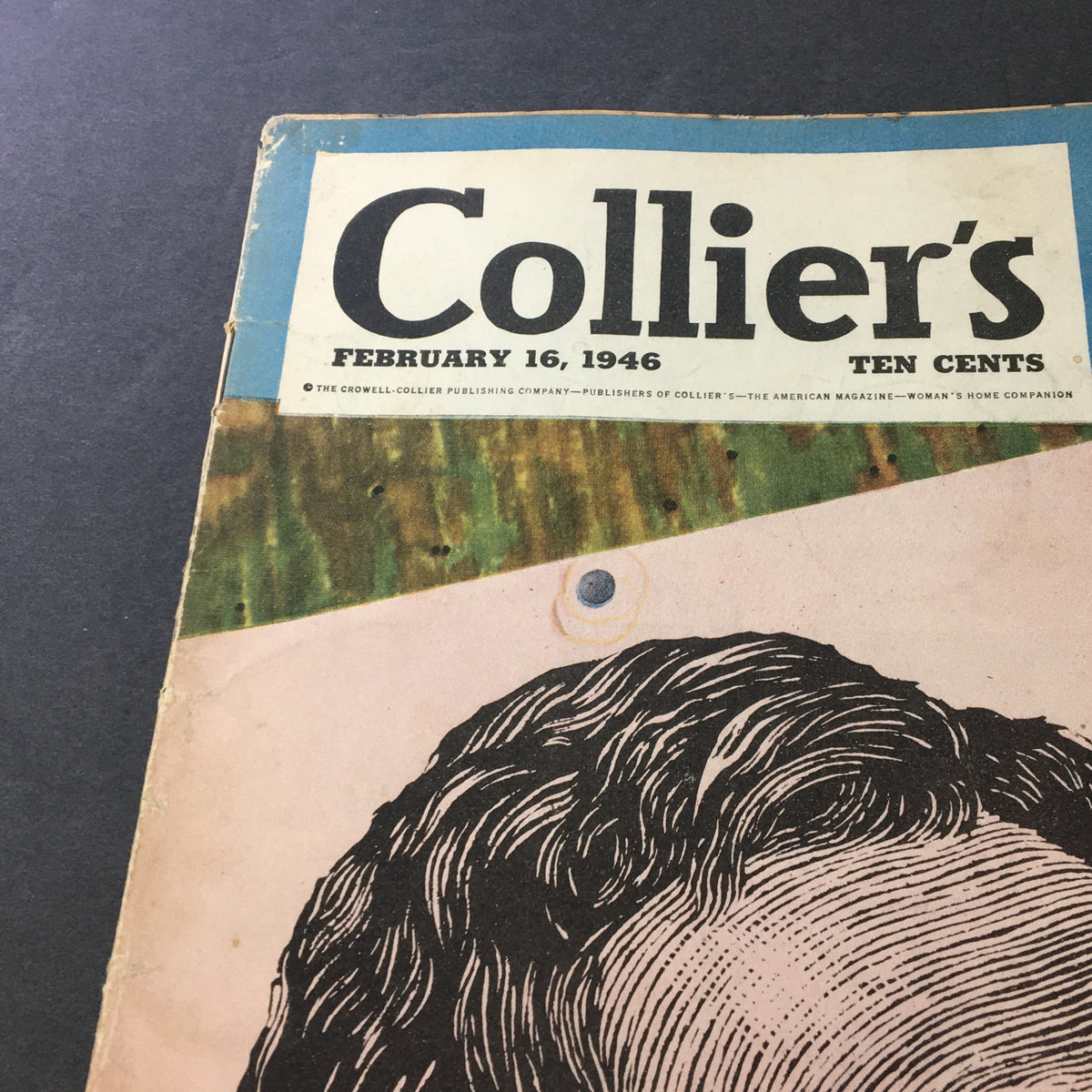 Close-up of the VTG Collier's Magazine February 16, 1946 cover showing the publication's name and date along with an artistic drawing of Abraham Lincoln, making it a unique piece for collectors.