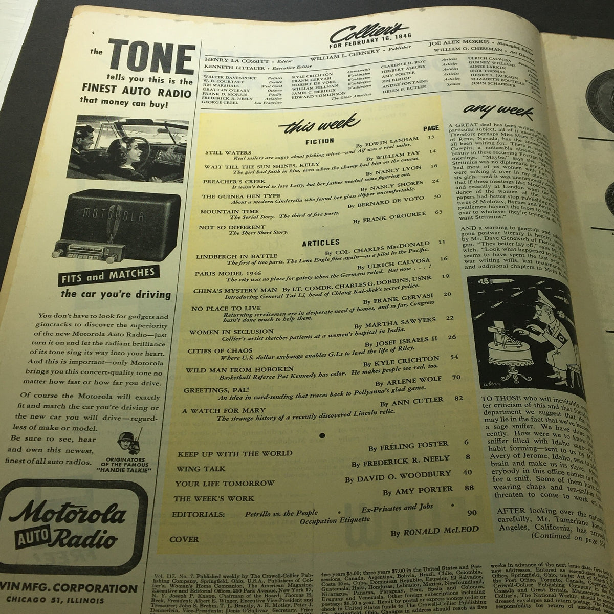 Inside page of the VTG Collier's Magazine February 16, 1946 displaying various articles and advertisements, showcasing the post-war era's culture, providing insight into the period's publications.