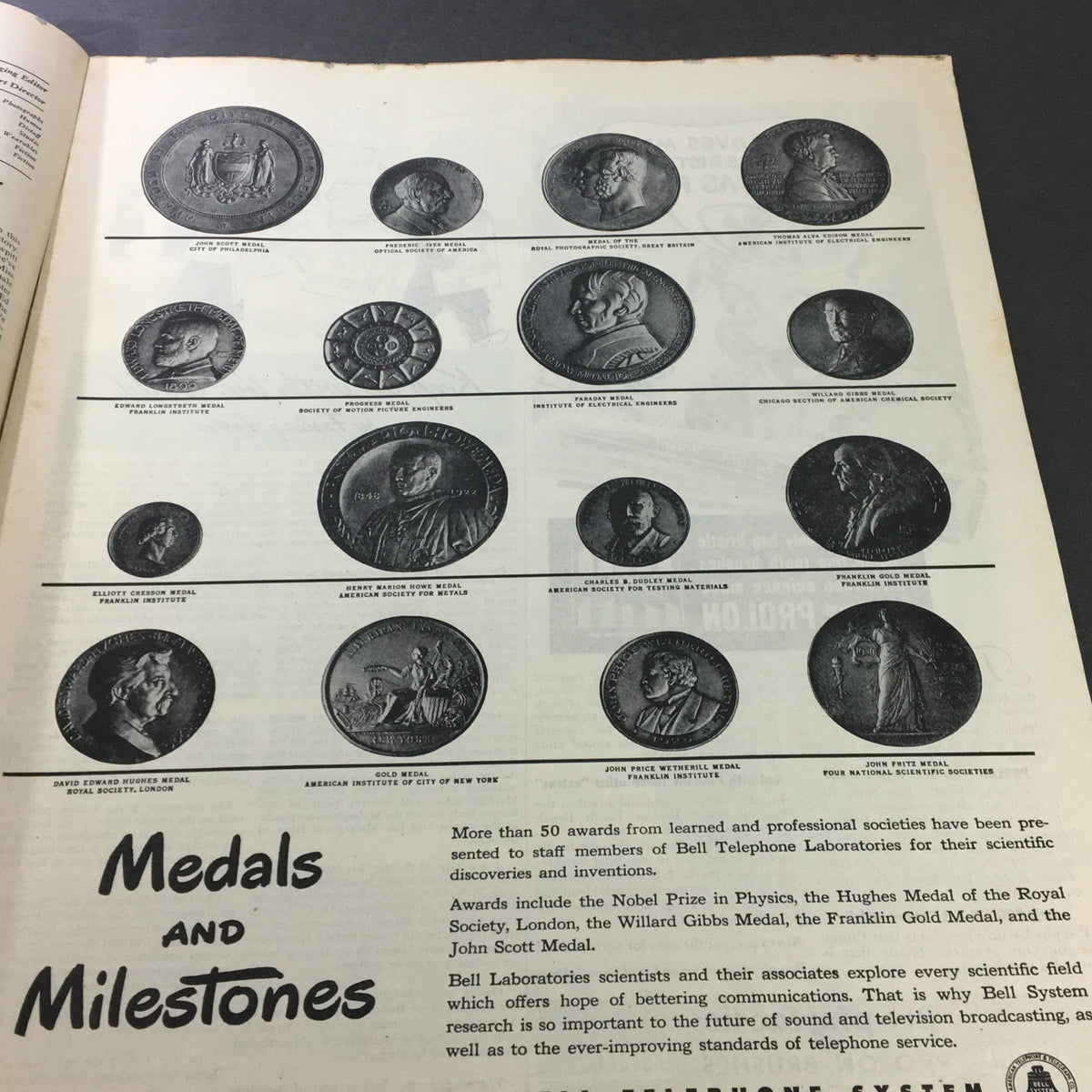 Page from VTG Collier's Magazine February 16, 1946 displaying various medals and awards related to scientific achievements, including the Franklin Gold Medal and the John Scott Medal.
