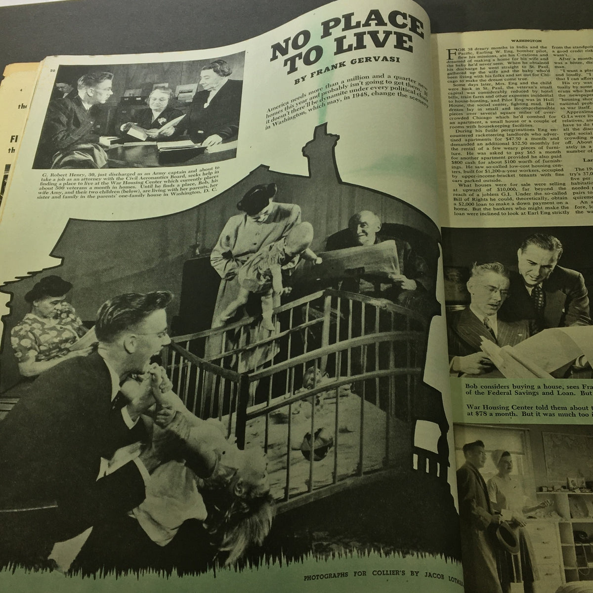 Page featuring the article 'No Place to Live' in VTG Collier's Magazine February 16, 1946, showcasing photographs depicting housing challenges after World War II.