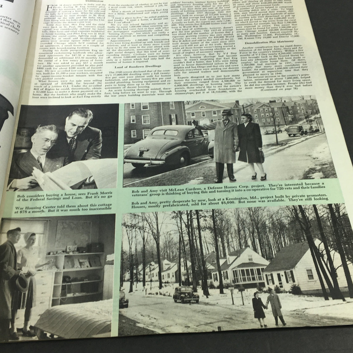 Illustrated article from VTG Collier's Magazine February 16, 1946, covering post-war housing dilemmas with photographs of a couple exploring potential homes.