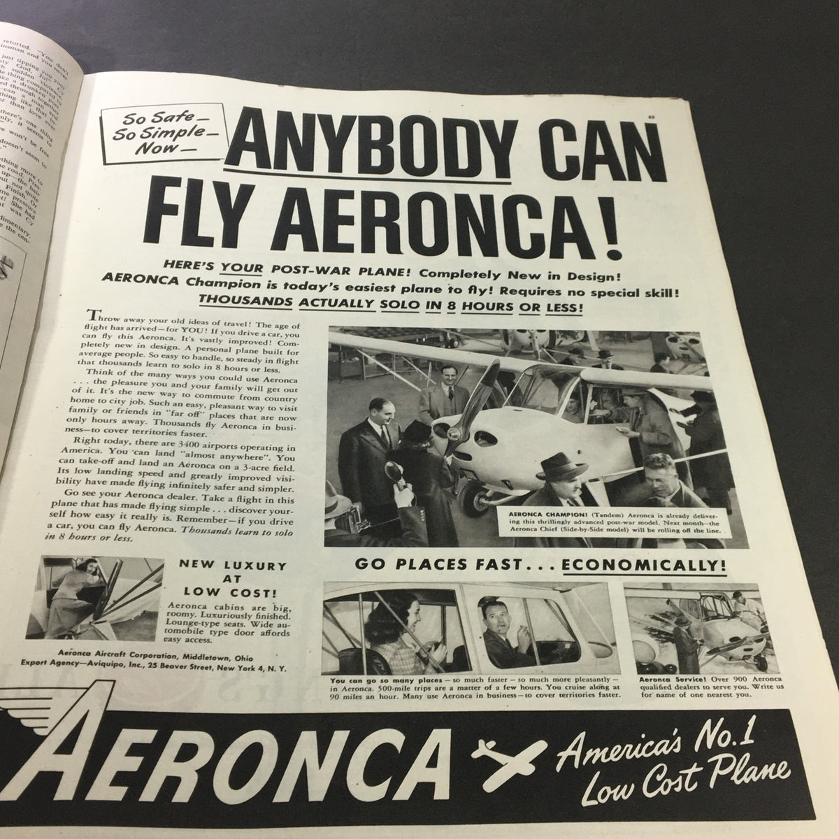Advertisement from VTG Collier's Magazine February 16, 1946 promoting the Aeronca Champion, claiming it is the easiest plane to fly post-war.