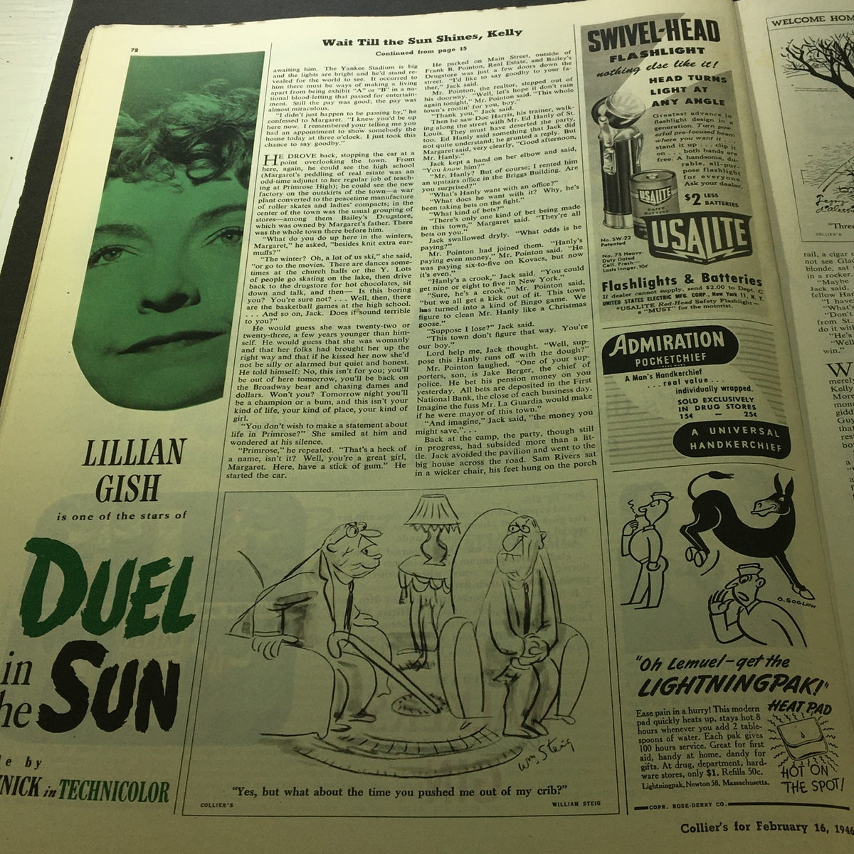 Editorial page featuring Lillian Gish in VTG Collier's Magazine February 16, 1946, with articles and ads highlighting the culture of the time.